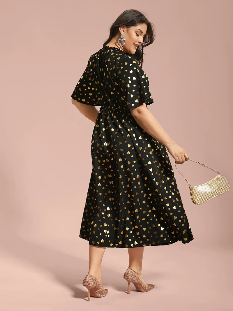 Glitter Heart Print Stretchy Waist Dress