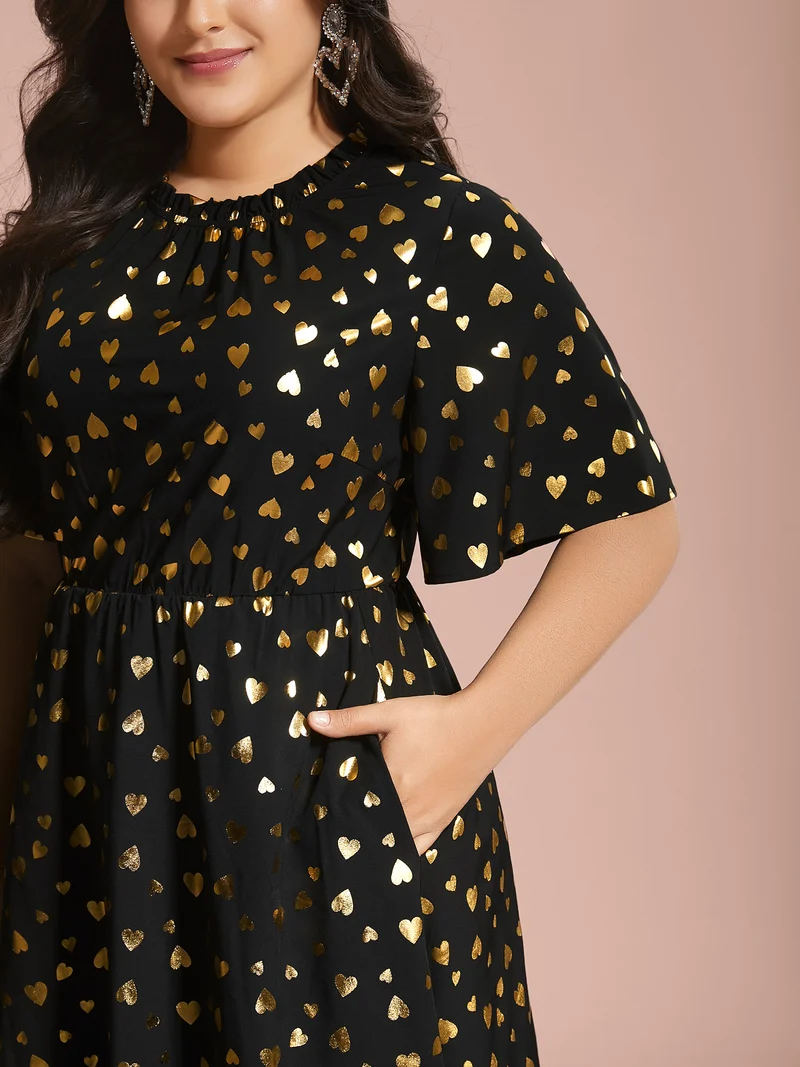 Glitter Heart Print Stretchy Waist Dress