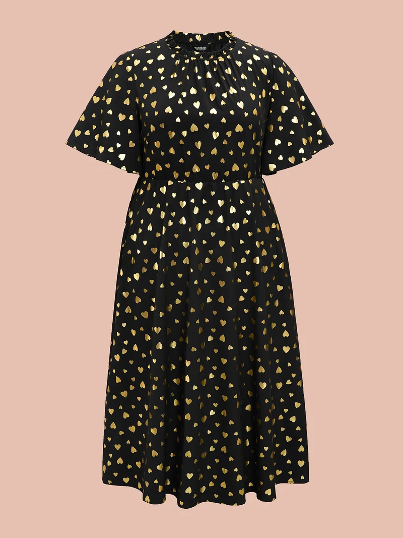 Glitter Heart Print Stretchy Waist Dress