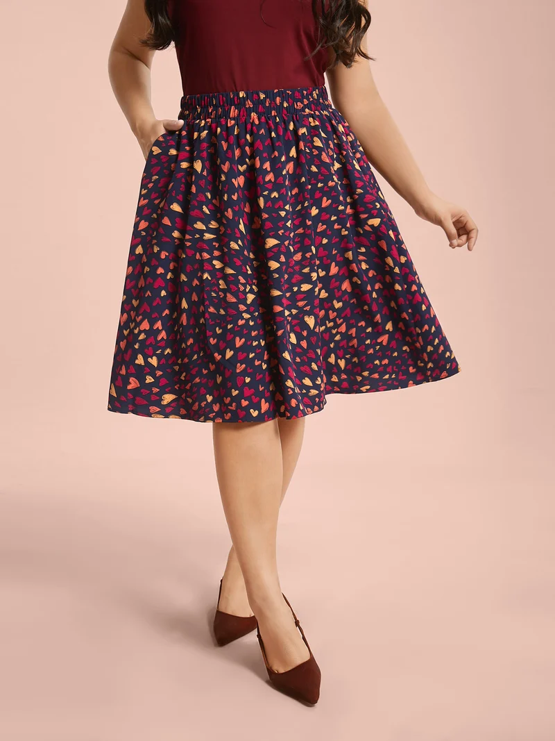 Love Pattern Elastic Waist Gathered Skirt