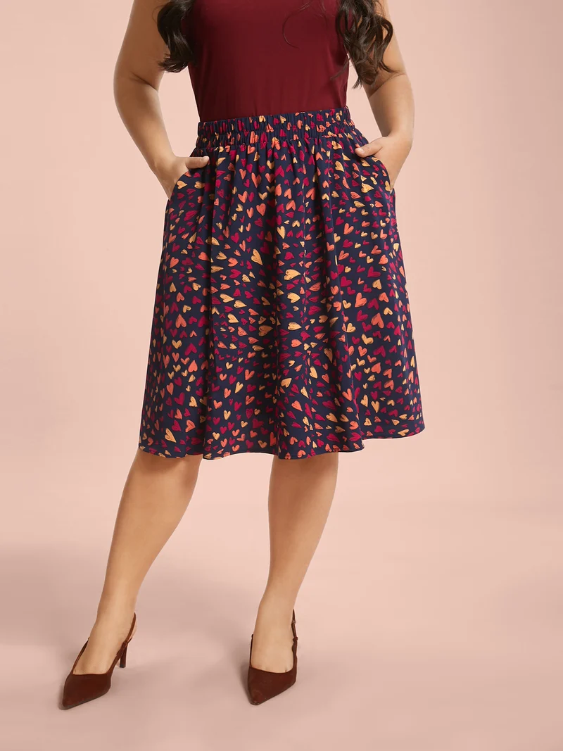 Love Pattern Elastic Waist Gathered Skirt