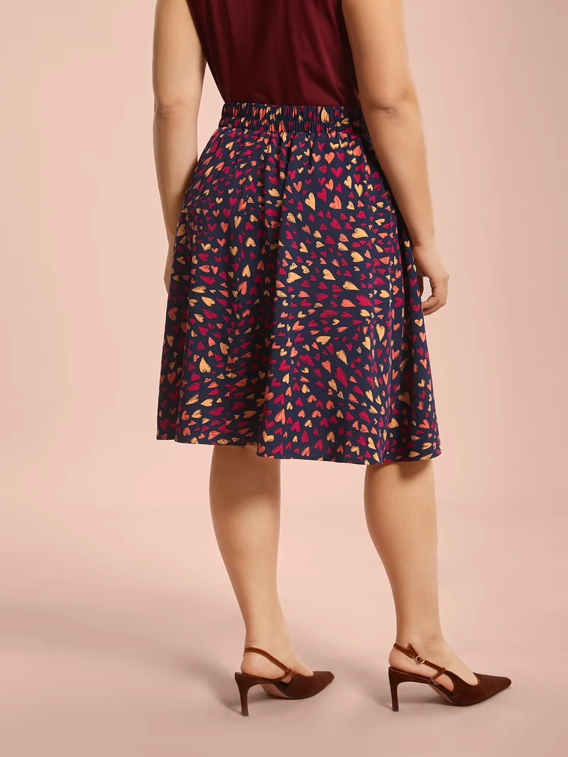 Love Pattern Elastic Waist Gathered Skirt