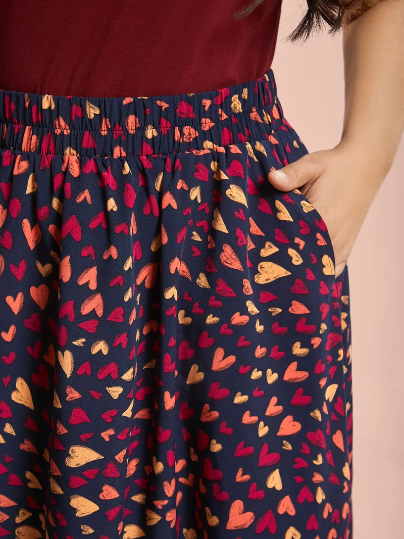 Love Pattern Elastic Waist Gathered Skirt