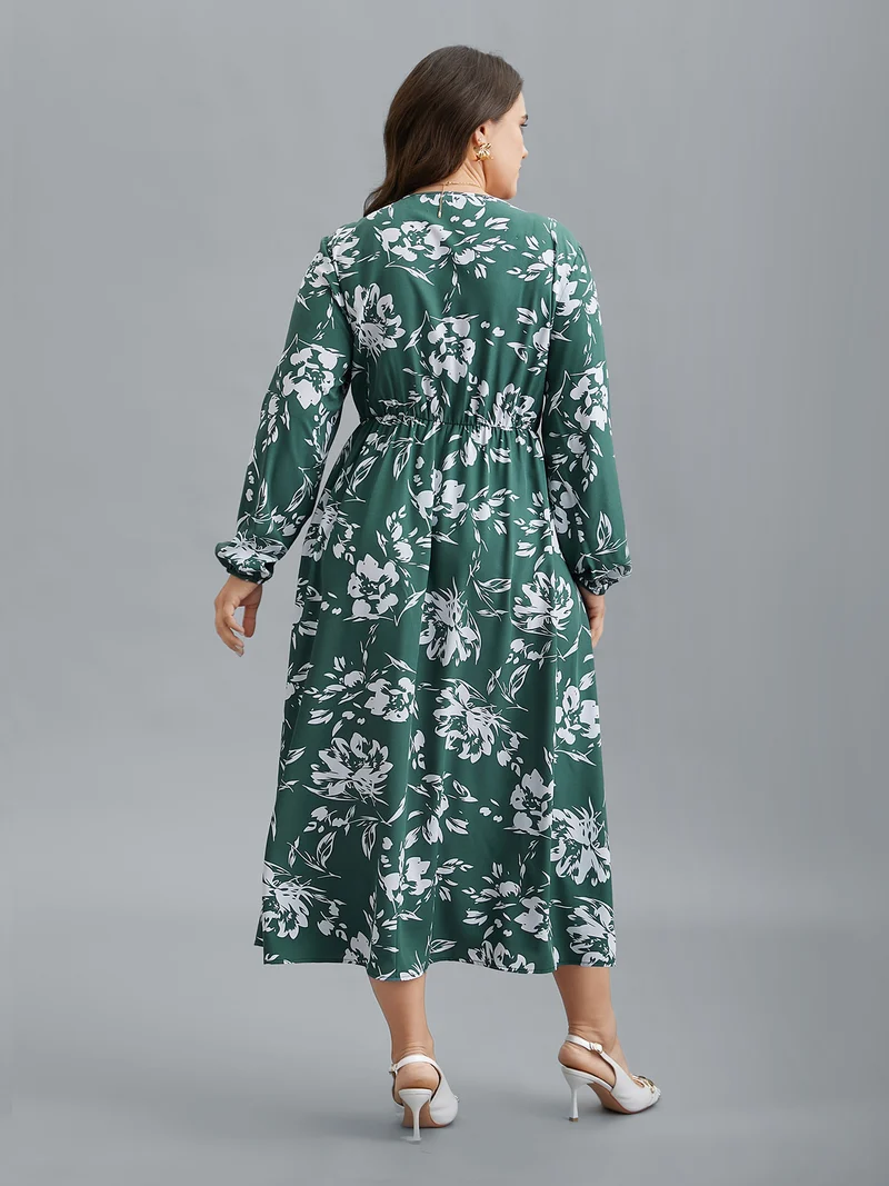 Silhouette Floral Print Waist Cinched Midi Dress