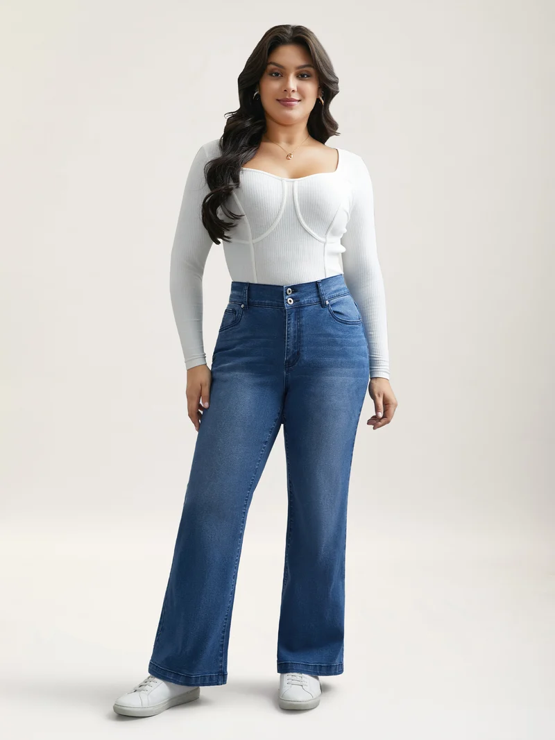 Whiskered Stretchy Waist Bootcut Jeans