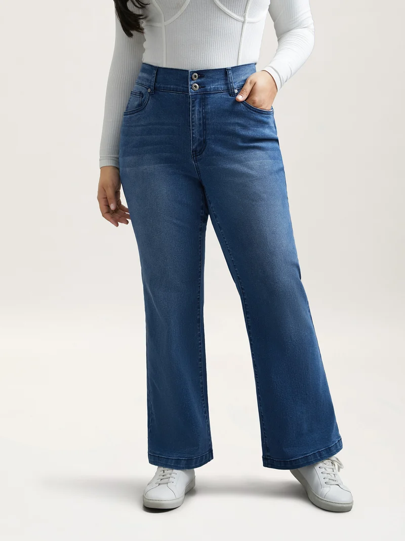 Whiskered Stretchy Waist Bootcut Jeans