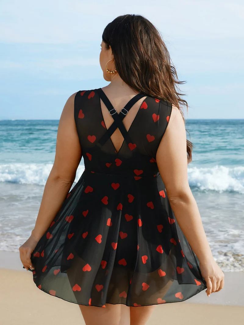 Sheer Hearts Mesh Wrap Neck Swim Dress
