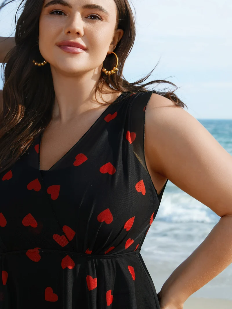 Sheer Hearts Mesh Wrap Neck Swim Dress
