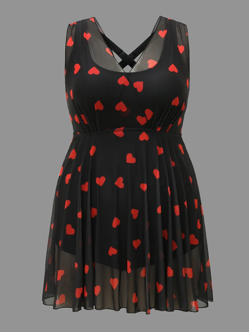 Sheer Hearts Mesh Wrap Neck Swim Dress