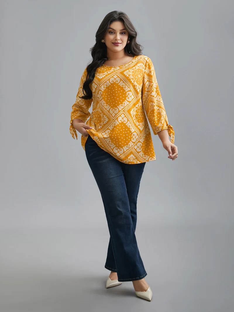 Round Neck Bandana Print Sleeve Tie Blouse