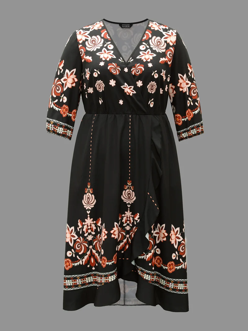 Floral Print Wrap Ruffled Hem Dress