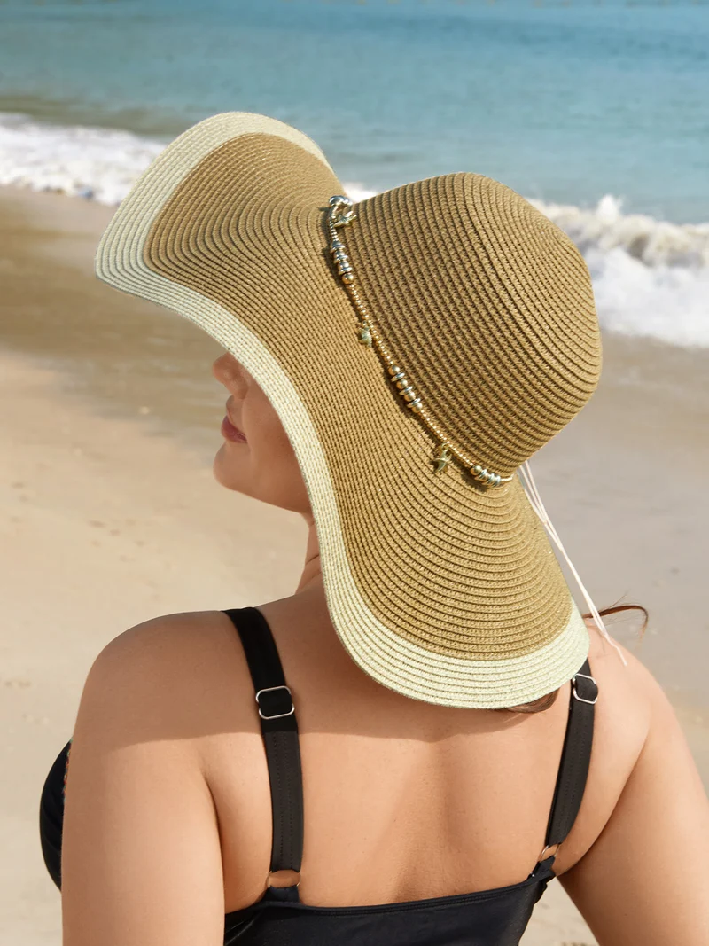Beaded Straw Contrast Curved Hat