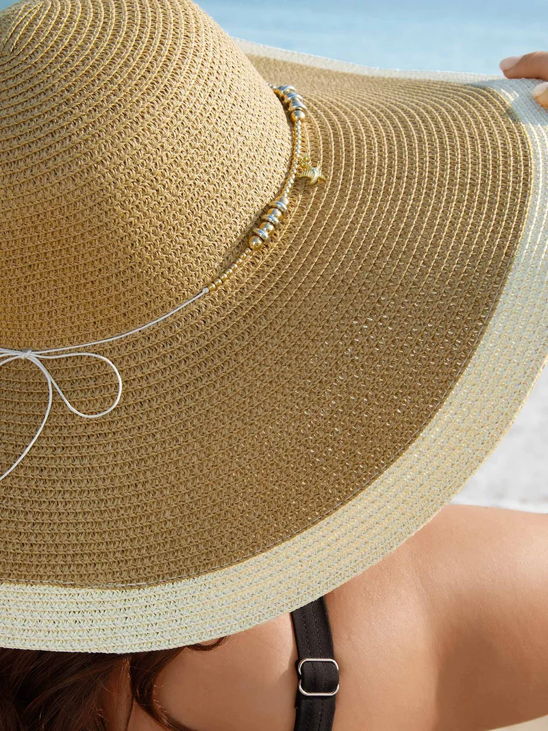 Beaded Straw Contrast Curved Hat