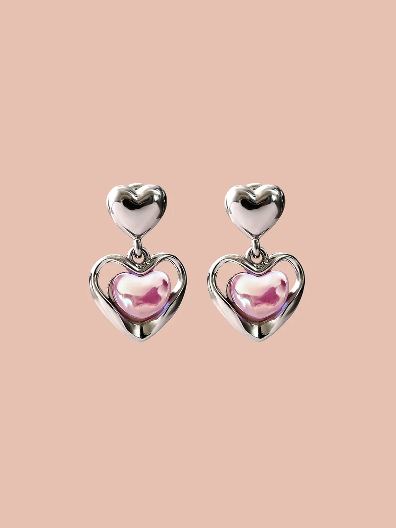 Double Hearts Silver-Tone Drop Earrings