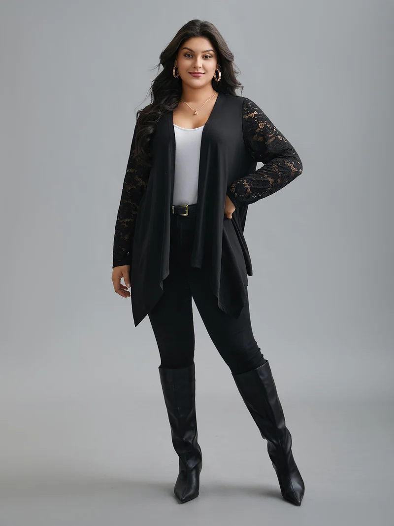 Crochet Lace Mesh Asymmetrical Trim Cardigan
