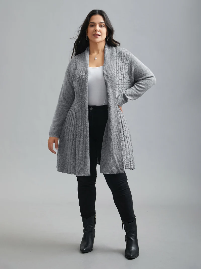 Folded Kimono Collar Plain Plisse Cardigan