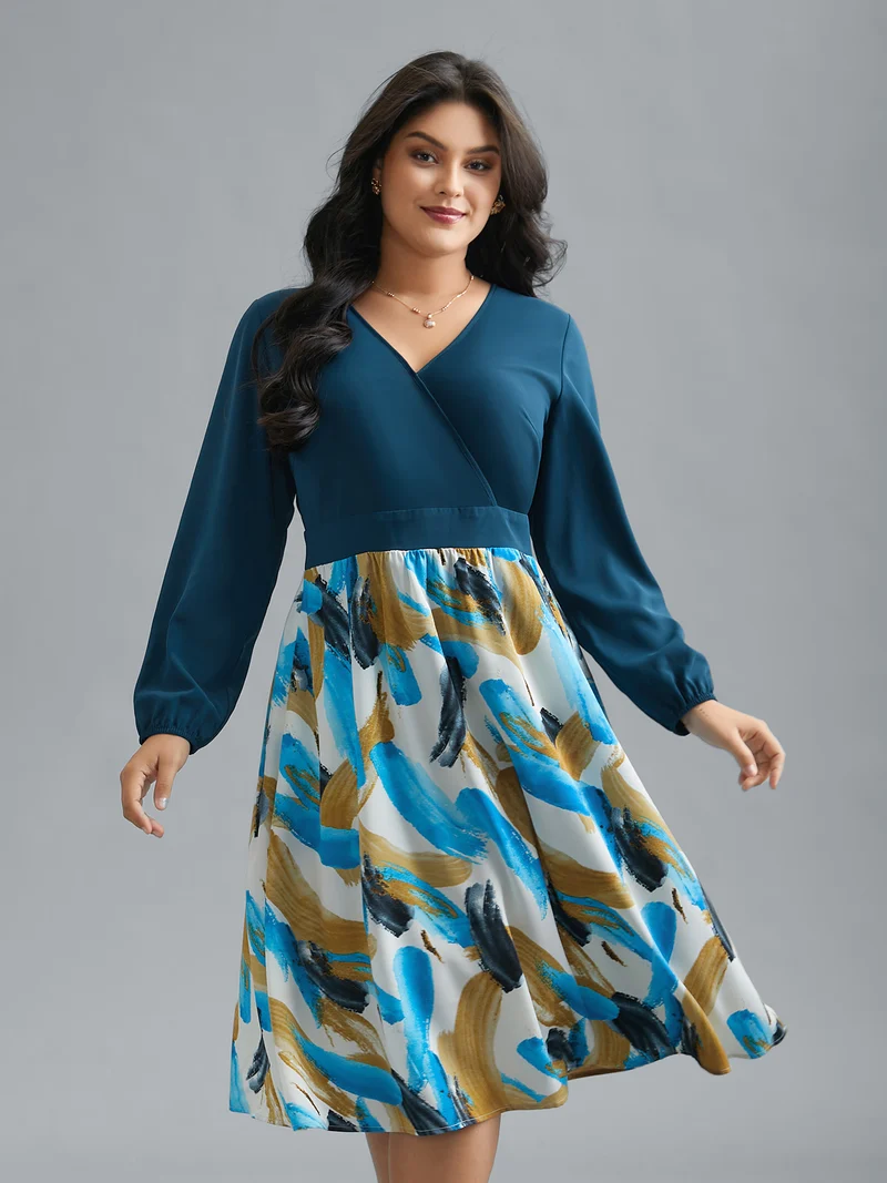 Brush Stroke Print Contrast Spliced Dress