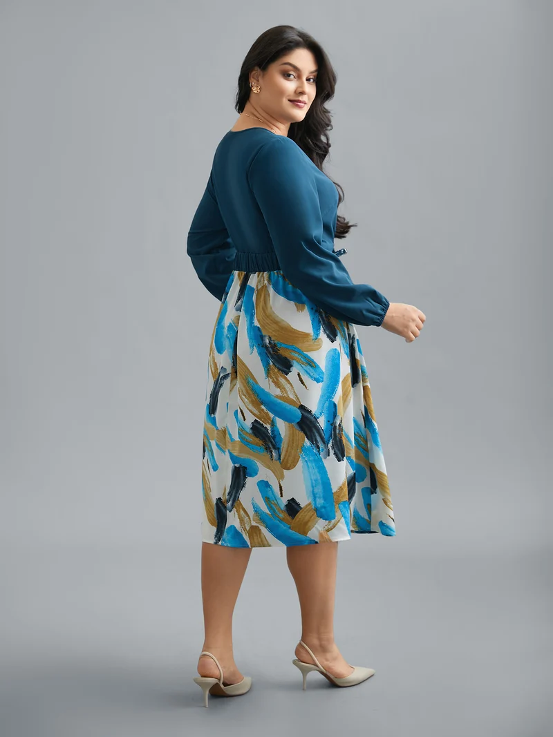 Brush Stroke Print Contrast Spliced Dress