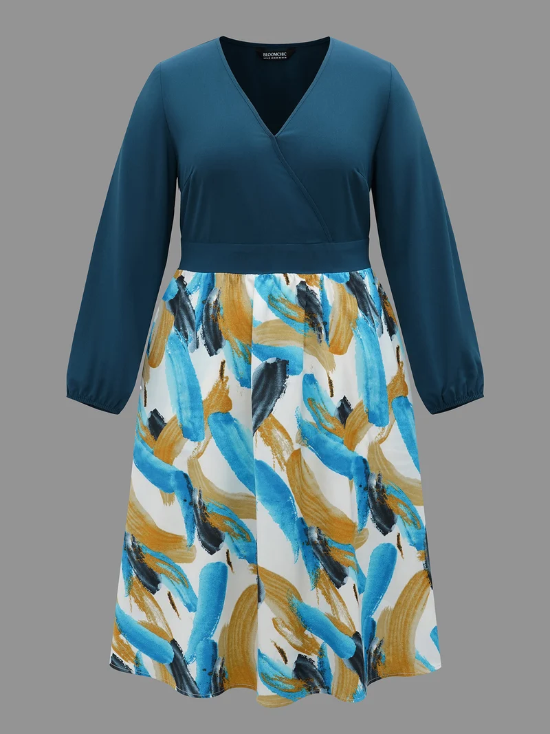 Brush Stroke Print Contrast Spliced Dress