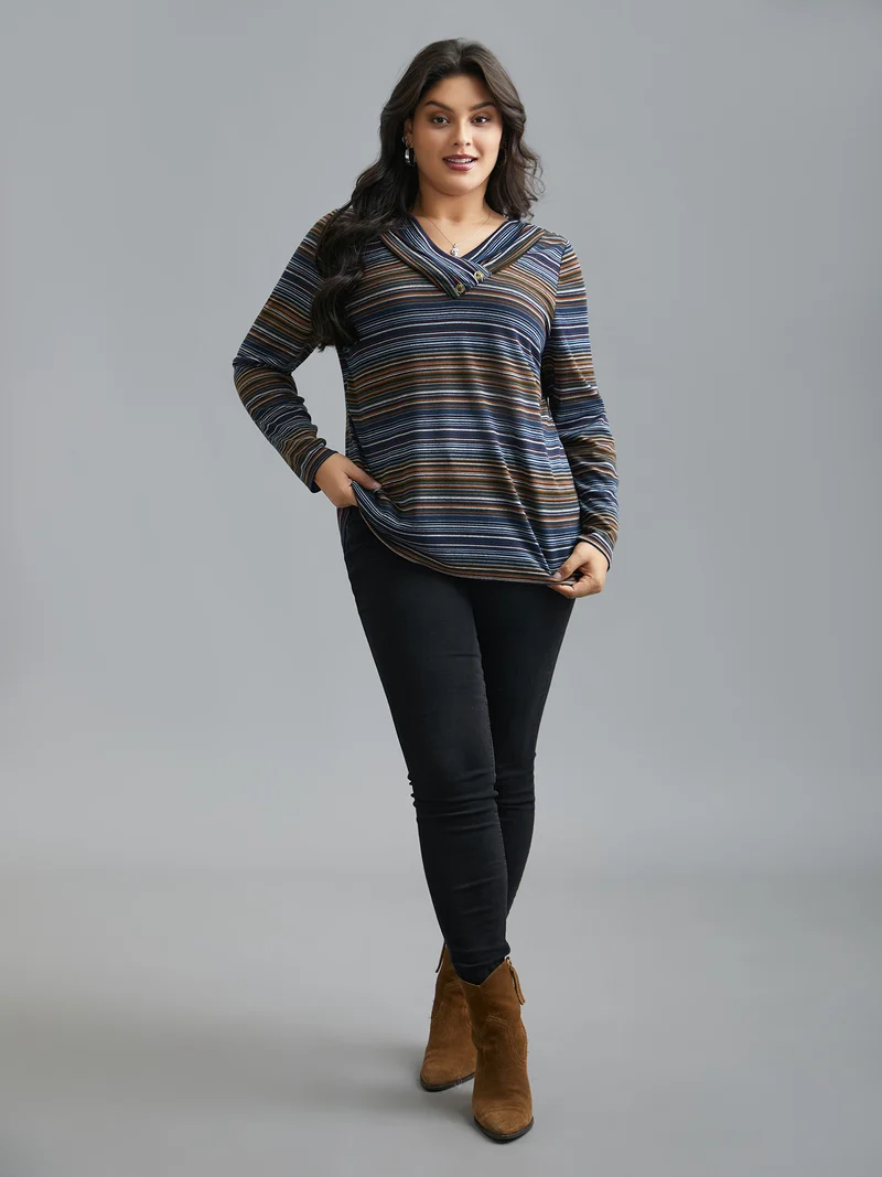 V Neck Multi-Color Stripes Slim-Fit T-Shirt