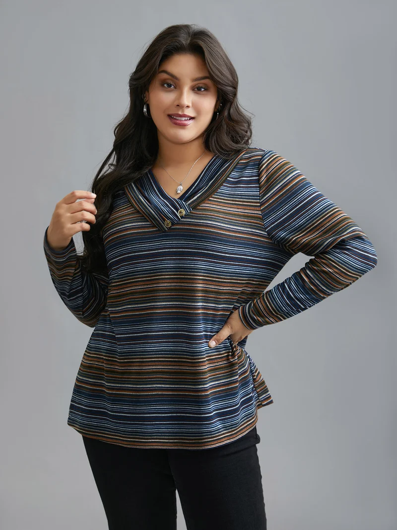 V Neck Multi-Color Stripes Slim-Fit T-Shirt