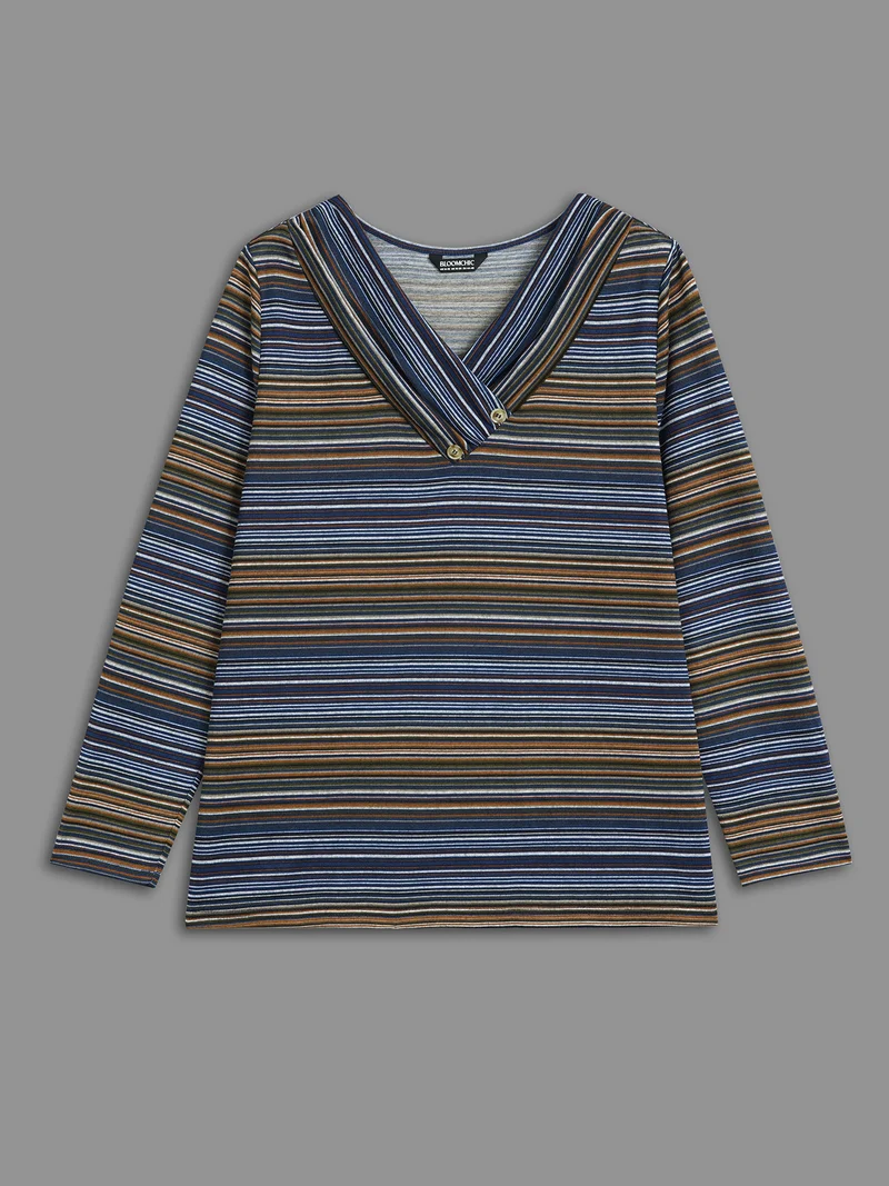 V Neck Multi-Color Stripes Slim-Fit T-Shirt