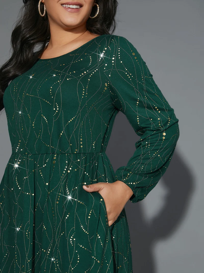 Glitter Crew Neck Waist-Cinched Dress