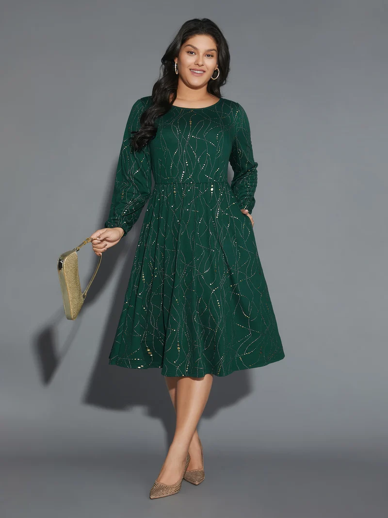 Glitter Crew Neck Waist-Cinched Dress