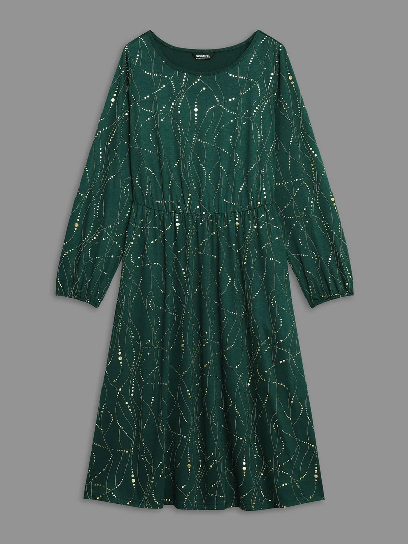 Glitter Crew Neck Waist-Cinched Dress