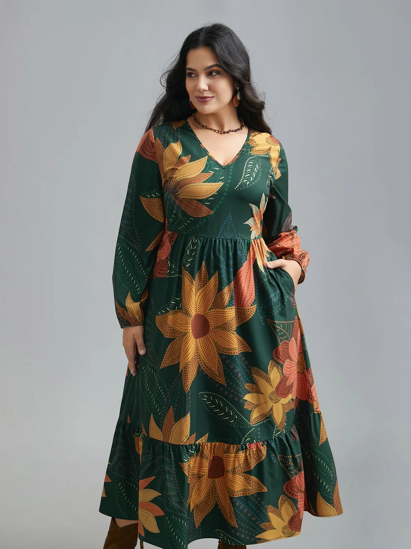 V-Neck Floral Elastic Waist Maxi Dress