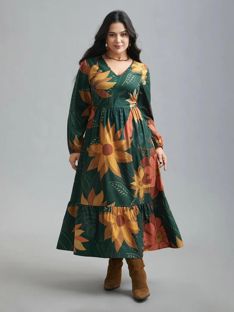 V-Neck Floral Elastic Waist Maxi Dress