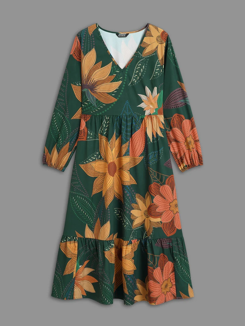V-Neck Floral Elastic Waist Maxi Dress