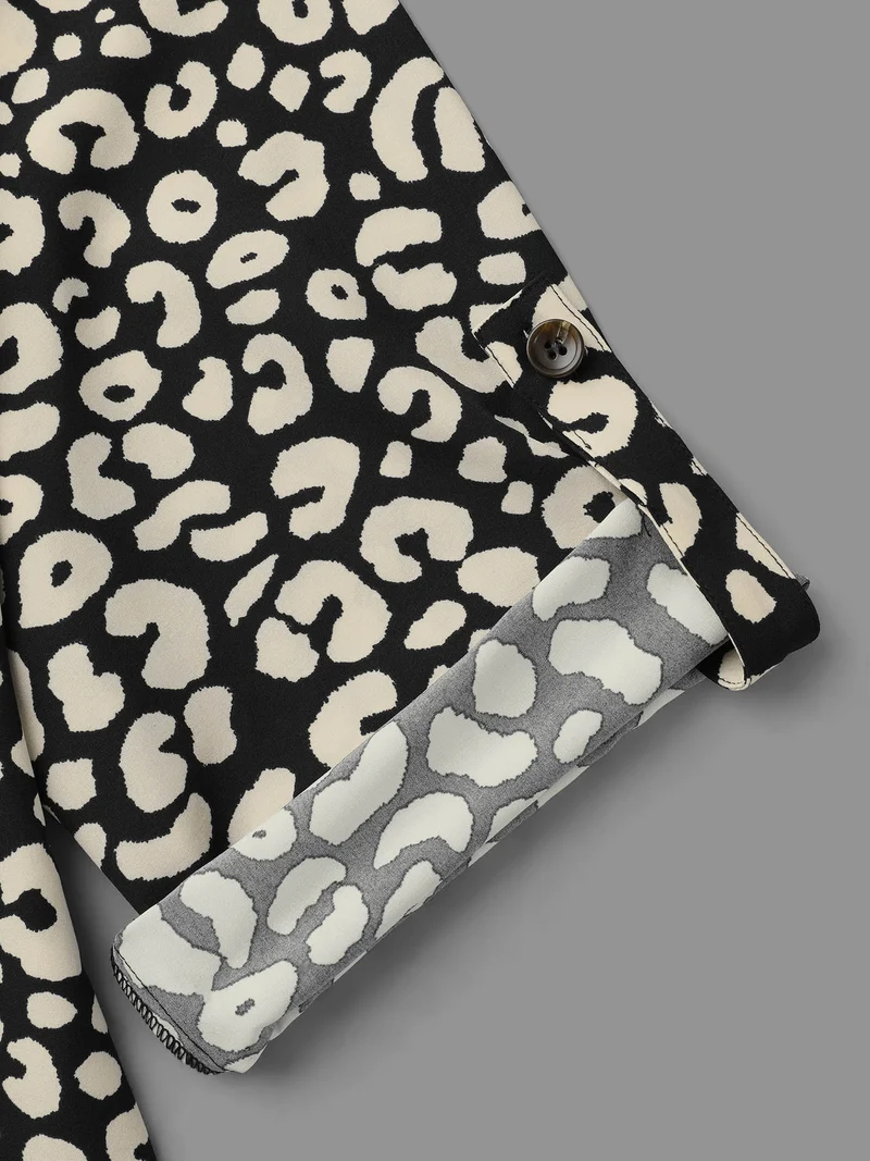 Leopard Print Spliced Tab Sleeve Blouse