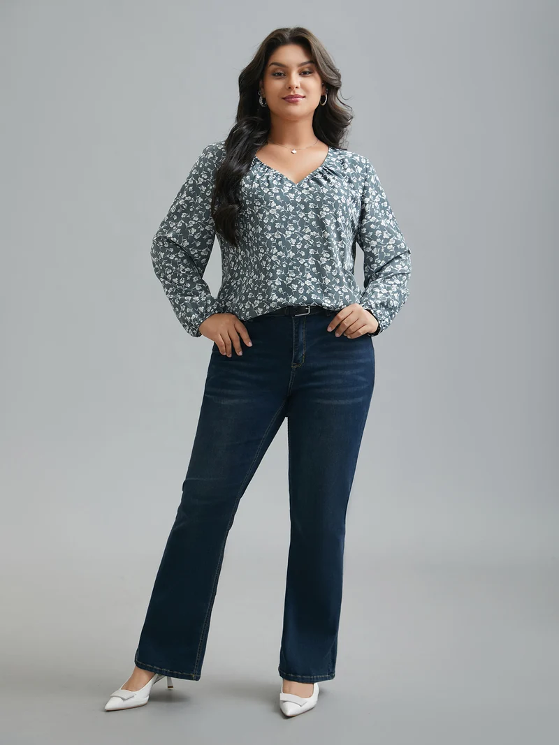 V-Neck Floral Pleated Blouse