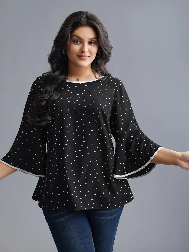 Heart Print Bell Sleeve Patchwork Blouse