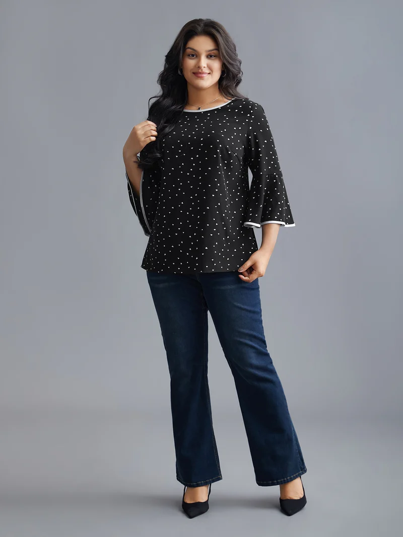 Heart Print Bell Sleeve Patchwork Blouse