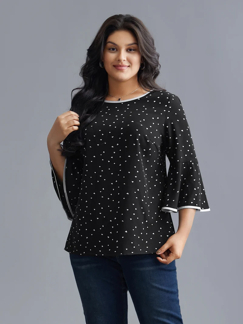Heart Print Bell Sleeve Patchwork Blouse
