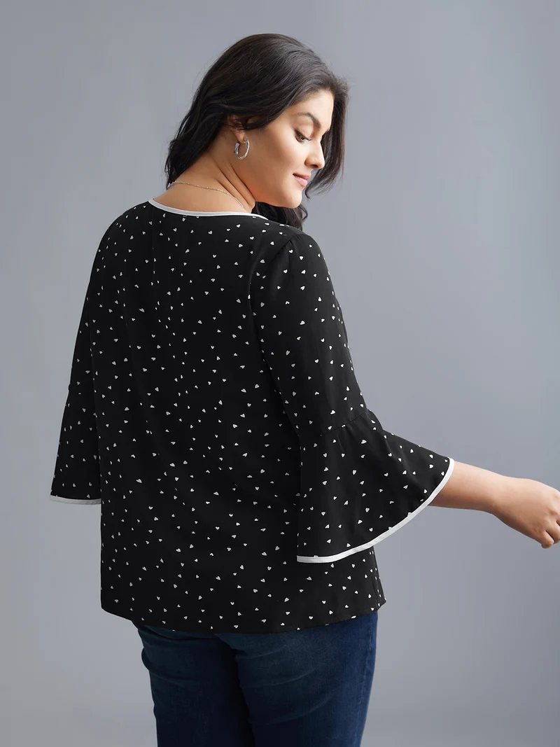 Heart Print Bell Sleeve Patchwork Blouse