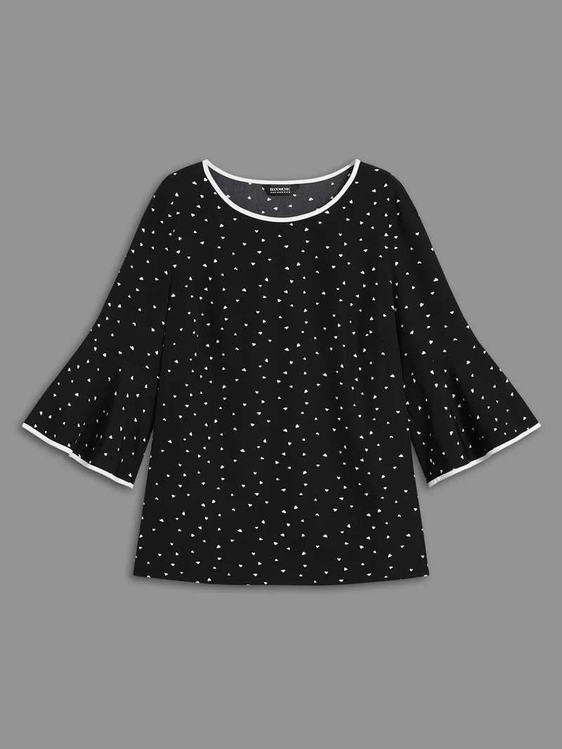 Heart Print Bell Sleeve Patchwork Blouse
