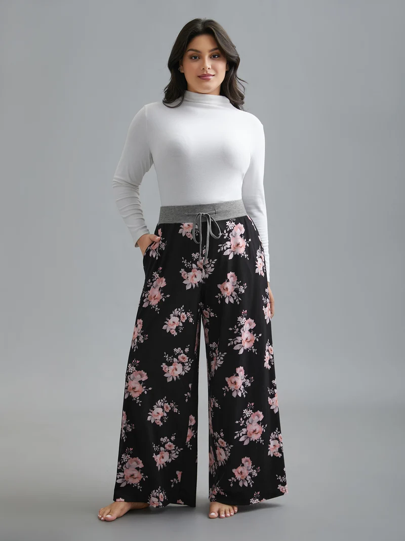 Floral Contrast Waist Lounge Bottoms