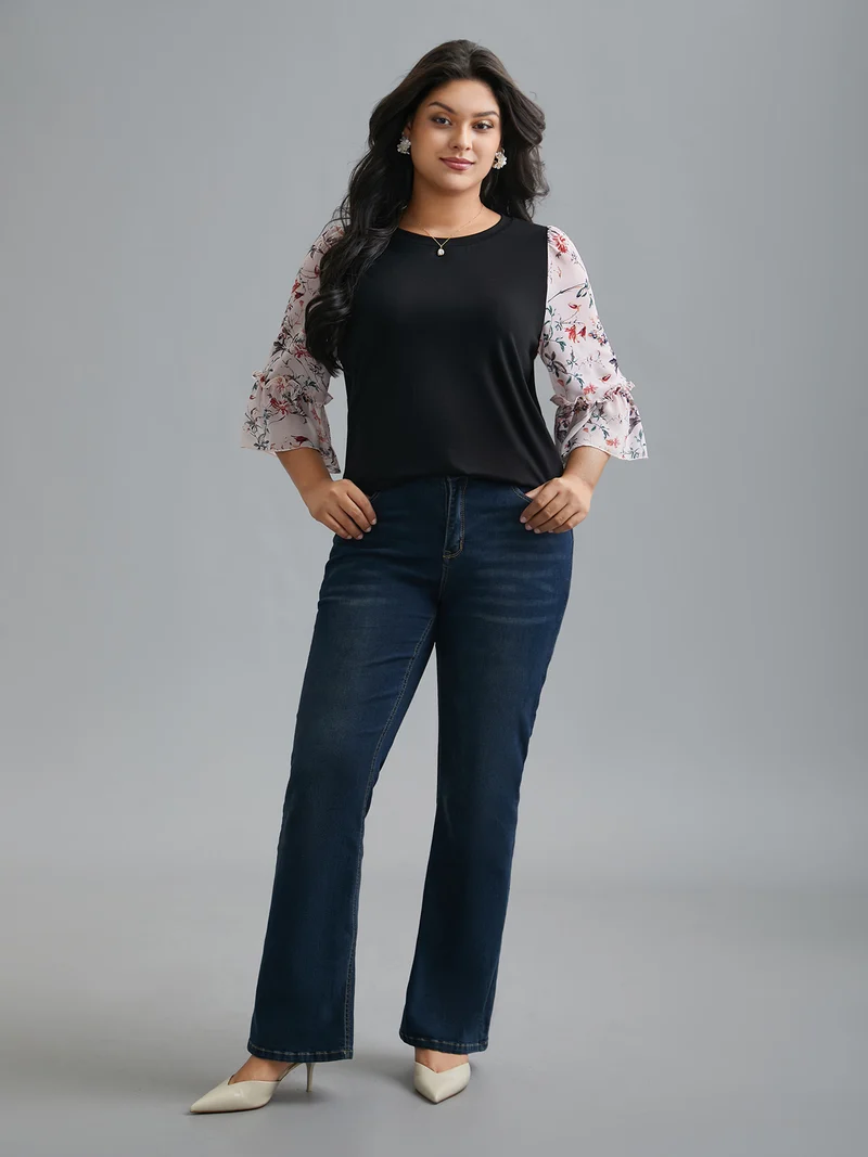 Floral Print Patchwork Ruffle Sleeve T-Shirt
