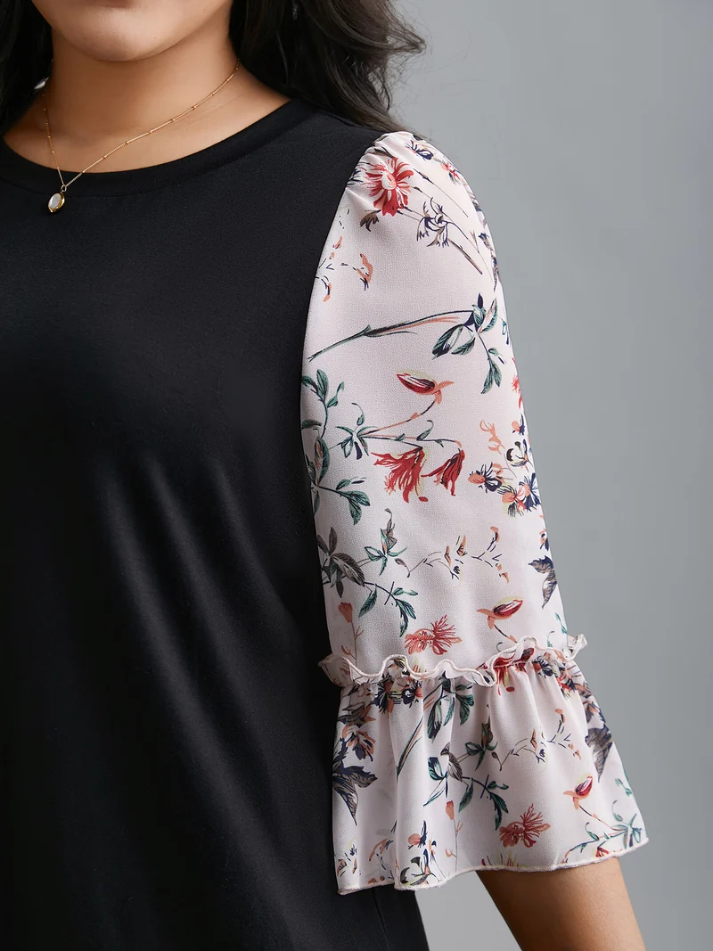 Floral Print Patchwork Ruffle Sleeve T-Shirt