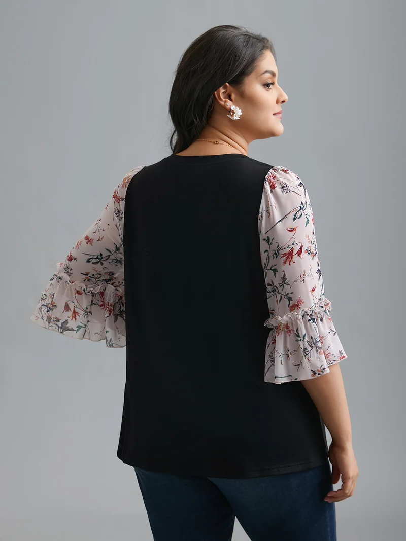 Floral Print Patchwork Ruffle Sleeve T-Shirt