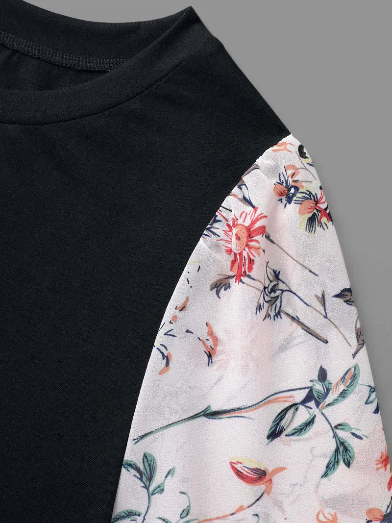 Floral Print Patchwork Ruffle Sleeve T-Shirt