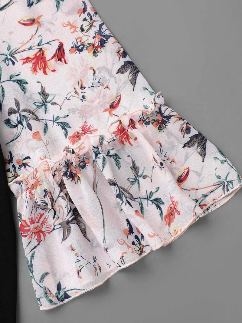 Floral Print Patchwork Ruffle Sleeve T-Shirt