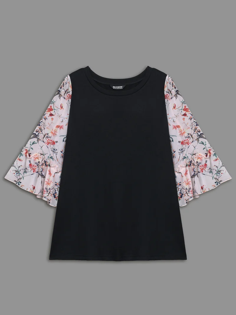 Floral Print Patchwork Ruffle Sleeve T-Shirt