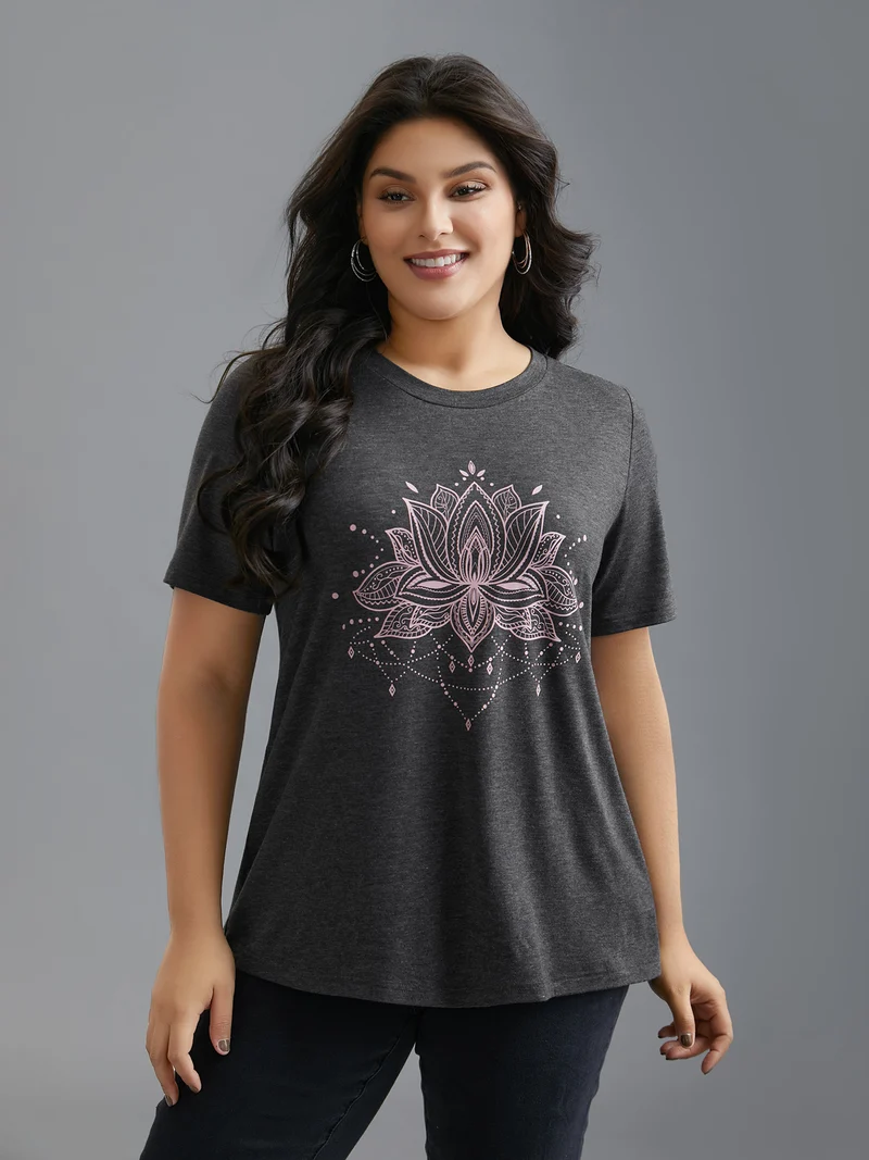 Floral Printed Round Neck Stretchy T-shirt