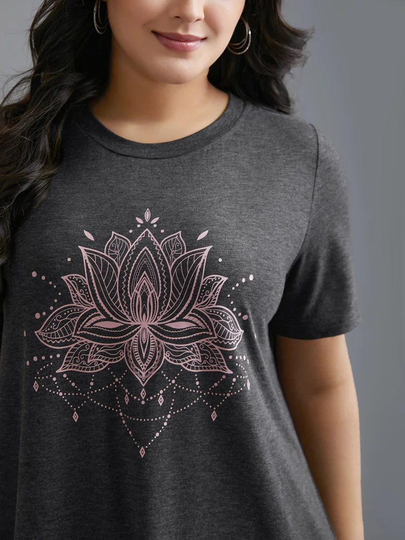 Floral Printed Round Neck Stretchy T-shirt