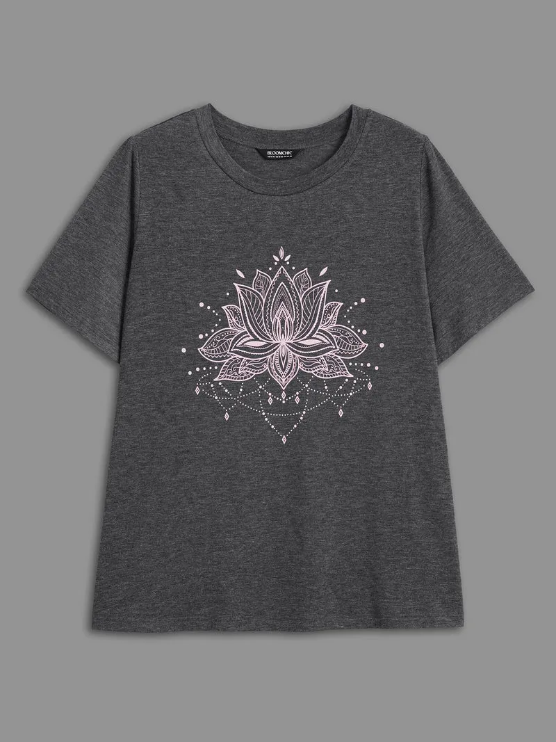 Floral Printed Round Neck Stretchy T-shirt