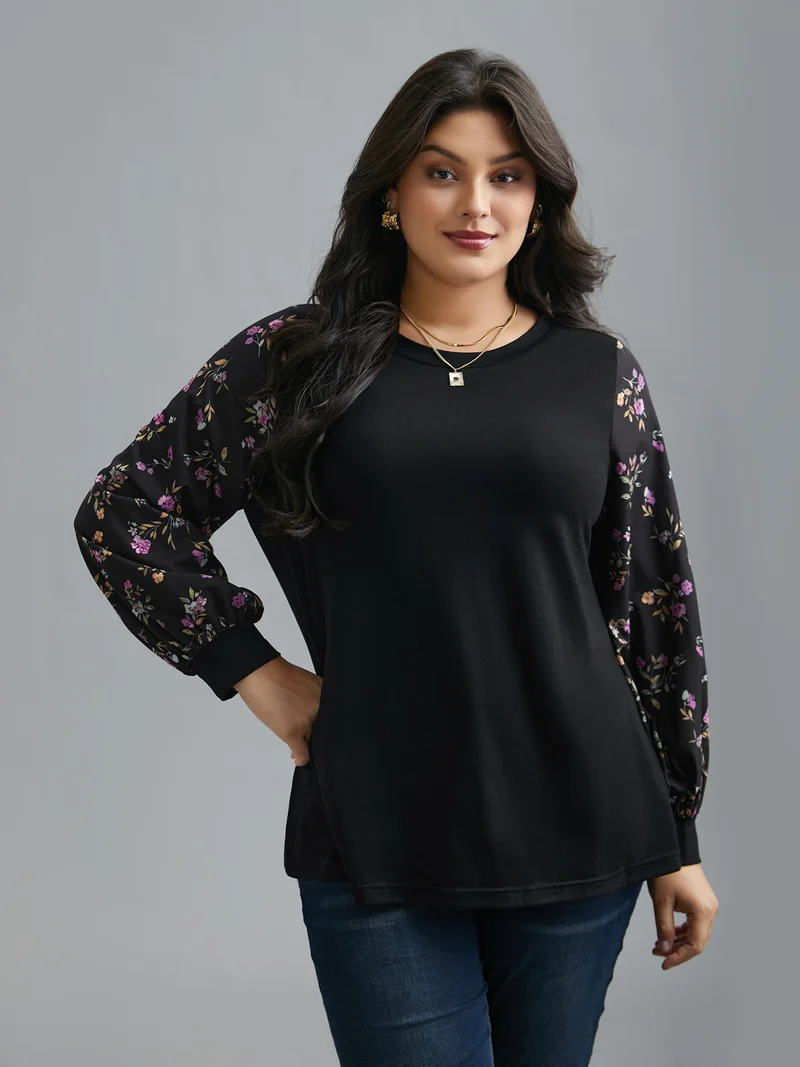 Floral Spliced Sleeve Stretchy T-Shirt